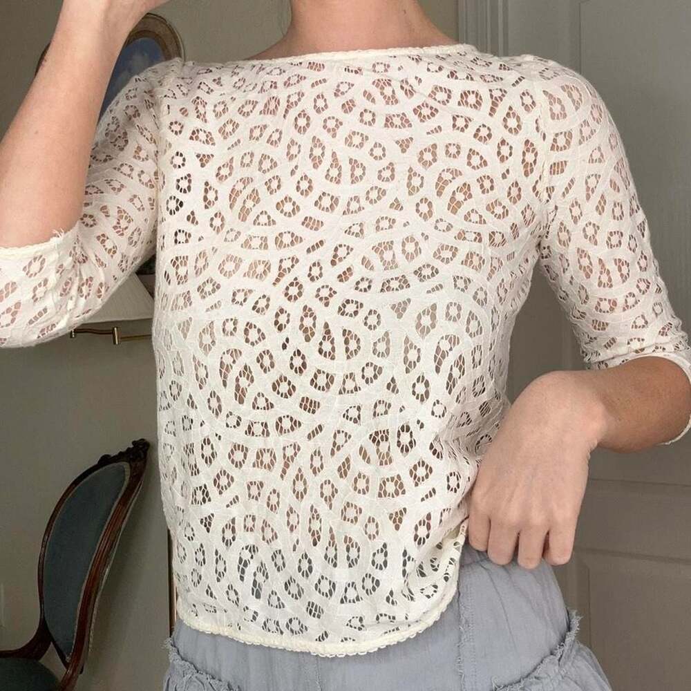 LOFT Cream Sheer Lace Top, 3/4 Sleeve Boho Blouse, Petites XXSP - Picture 2 of 8